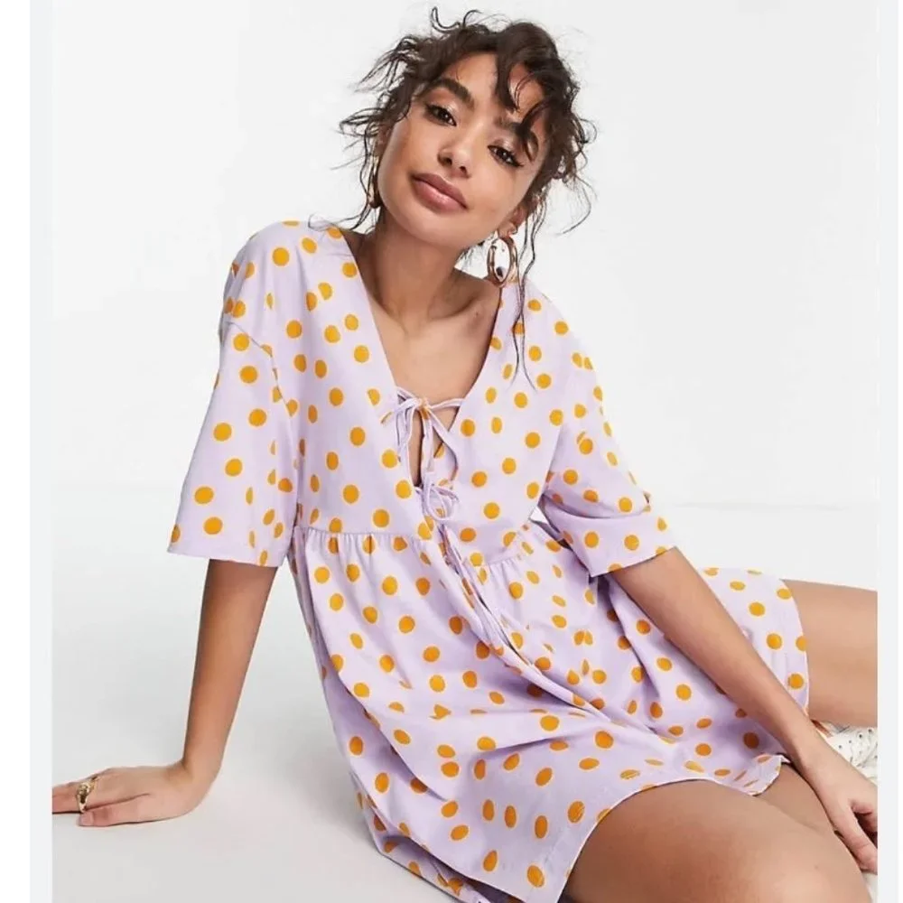 ASOS Design Women's Baby Doll Dress Size 0 Lilac Polka Dot Tie Oversized - Picture 2 of 12